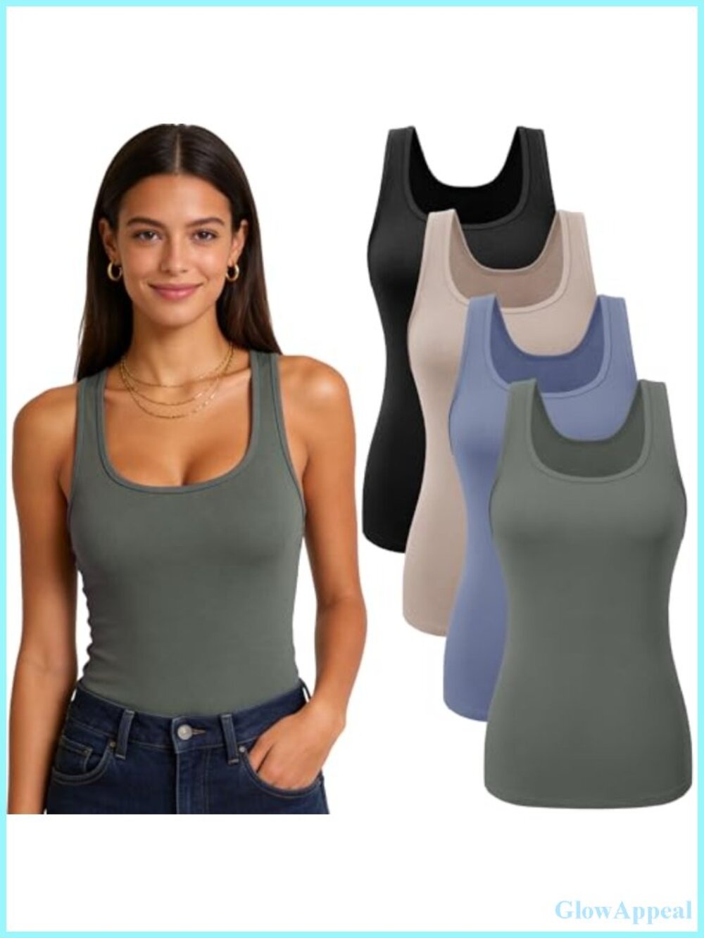 4 Pack Womens Tank Tops Scoop Neck Wide Strap Soft Stretch Sleeveless Basic